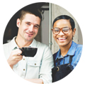 Waiters drinking coffee at the restaurant door promote restaurant Instagram