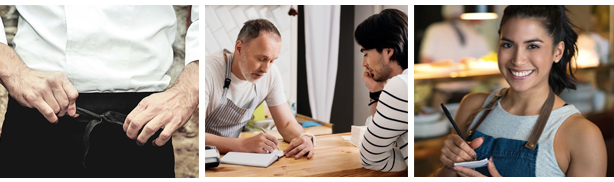 Hiring employees A restaurant boss interviews a waiter, the waiter writes down the order, the chef adjusts his apron