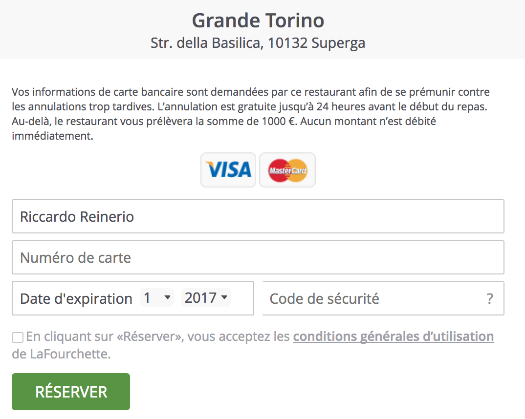 LaFourchette logiciel de gestion de restaurant - garantie carte de crédit